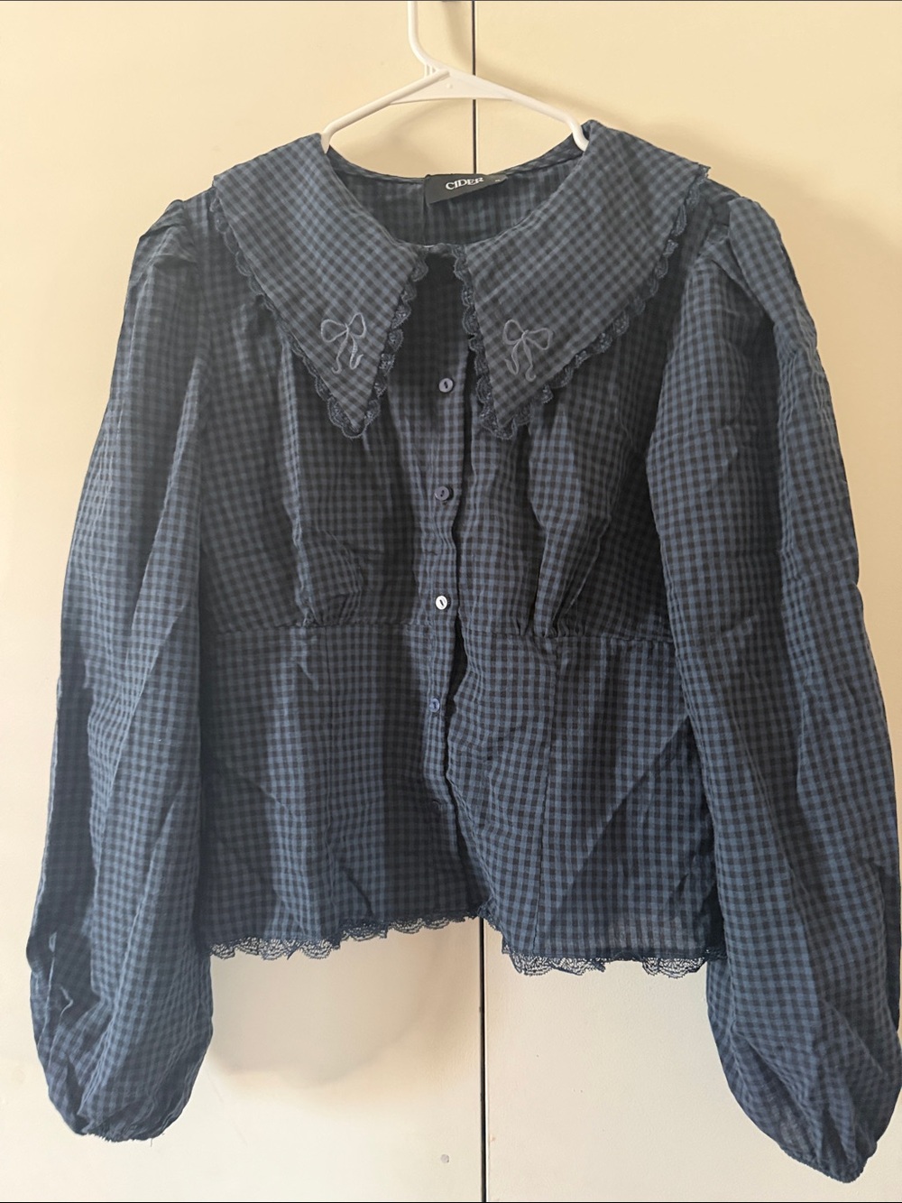 Cider Dark Blue Gingham Puff-Sleeve Jacket with Embroidered Collar